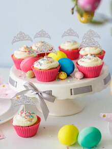 24/12个银色皇冠蛋糕装饰插牌，带闪光，适用于女王/公主主题蛋糕、婚礼、生日、性别揭晓派对蛋糕装饰 - 彩色 - 查看 6