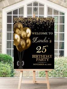 1 pièce affiche d'anniversaire personnalisée style noir et or, logo d'anniversaire personnalisé noir et or, affiche sur canevas sans cadre personnalisée - Personnalisable avec nom, date et âge - Décoration murale élégante avec ballons scintillants et rubans - Décoration de fête de luxe en PVC - Multicolore - Voir 4