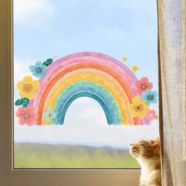 1 pieza Pegatina decorativa de ventana con estampado floral arcoíris 2D plano | Pegatina decorativa autoadhesiva, removible, de PVC para superficies de sala de estar, dormitorio, puerta y vidrio de ventana