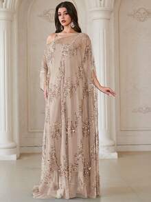 Elegant Batwing Sleeve Women's Robe, Made Of Pleated Chiffon Fabric With Contrasting Sequin Details - Mocha Brown - View 6