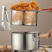 4-Piece Stainless Steel Multi-Purpose Deep Fryer Set (Includes Non-Stick Deep Fryer, Frying Rack, Glass Lid, And Clips) - Essential Kitchen Deep Fryer For Noodles/Butter - Silver - View 1