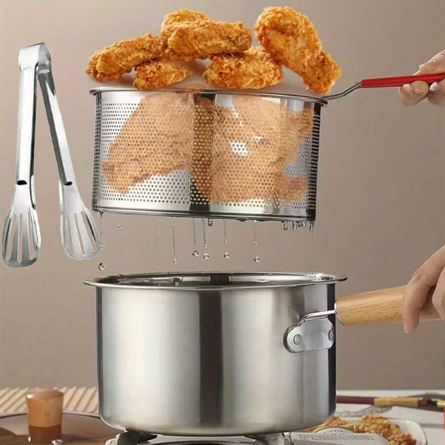 4-Piece Stainless Steel Multi-Purpose Deep Fryer Set (Includes Non-Stick Deep Fryer, Frying Rack, Glass Lid, And Clips) - Essential Kitchen Deep Fryer For Noodles/Butter - Silver - View 1