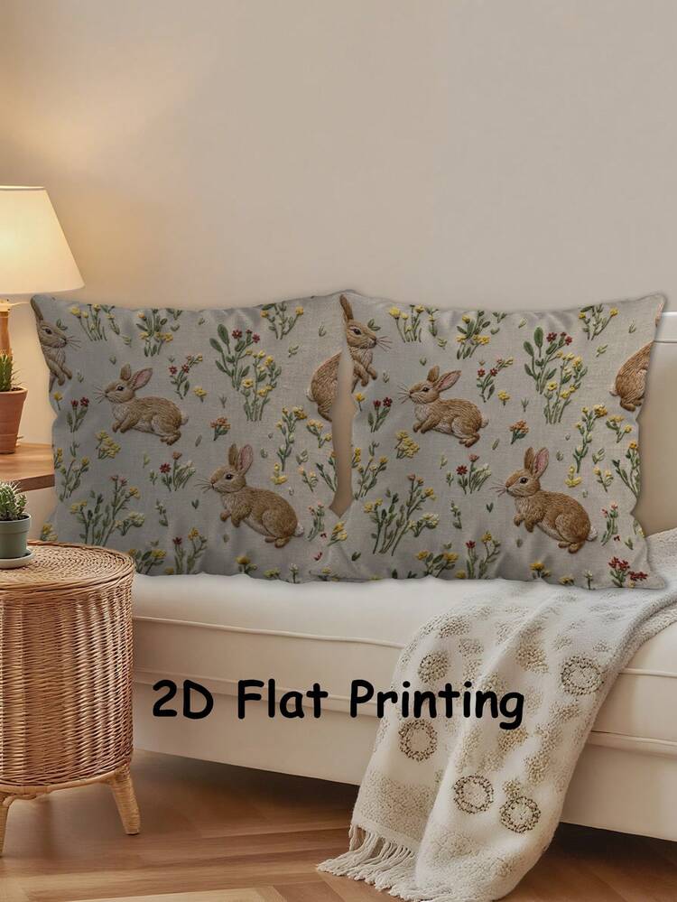 2Pcs 2D Imitation Embroidery Easter Bunny Pillowcase, Vintage Floral Butterfly Farmhouse Pillowcase, Home Sofa Holiday Party Decoration Living Room Bedroom Bed Sofa Chair Cushion Cover (Unfilled) - Maroon - View 5