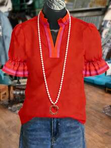 1 Women' Lightweight Ruffle & Puffy Flounce Short Sleeve Blouse With Elastic Cuffs - Contrasting Color Placket, Ribbed Cuffs,Solid Color Spring Summer Casual Shirt, Suitable For Spring Summer - Red - View 1