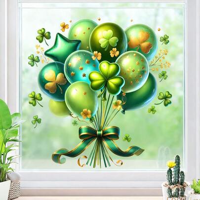 1pc St. Patrick's Day Green Balloon And Little Grass Flower Pattern Design Window Decal, Vinyl Static Cling Glass Sticker, Reusable Window Decoration Sticker, Suitable For Decoration, School Office Party Decoration, Holiday Glass Decoration.