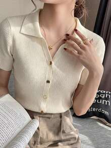 Camiseta de punto con cuello polo y mangas raglán cortas para mujer, ligera y versátil, ideal para primavera/verano - Albaricoque - Ver 1