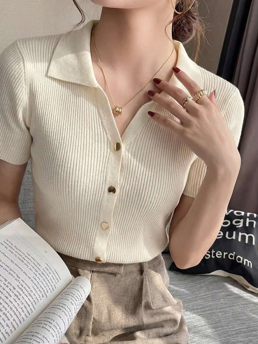 Camiseta de punto con cuello polo y mangas raglán cortas para mujer, ligera y versátil, ideal para primavera/verano - Albaricoque - Ver 1