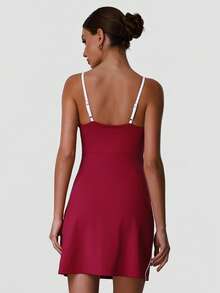Sodalemon Women's Contrast Color Workout Fitness Dress, Elastic Sports Casual Yoga Dress With Contrast Lining Summer - Red Violet - View 5