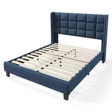 Upholstered Bed With Its Padded Headboard, Double Bed With Slatted Base, 140x200cm, In Blue Linen, Medium Firm (Without Mattress) - Blue + Linen + 140cm*200cm - View 3