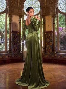 Faeriesty 女士优雅甜心领高开衩泡泡袖连衣裙，泡泡袖设计，正式修身晚礼服，适合盛大舞会、黑领结晚宴、婚礼、红毯活动和宫廷主题派对。春季派对 - 橄欖綠 - 查看 2