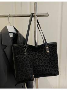 Bolso de mano grande con estampado de letras, bolso de hombro a cuadros para mujer, estilo para ir al trabajo - Negro - Ver 8