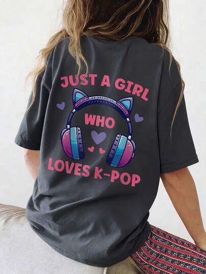 Teen Girls' Cute Graphic Oversized Tee - K-Pop Slogan Cat Ear Headphone Print Casual Back To School Friend Hangout Top
