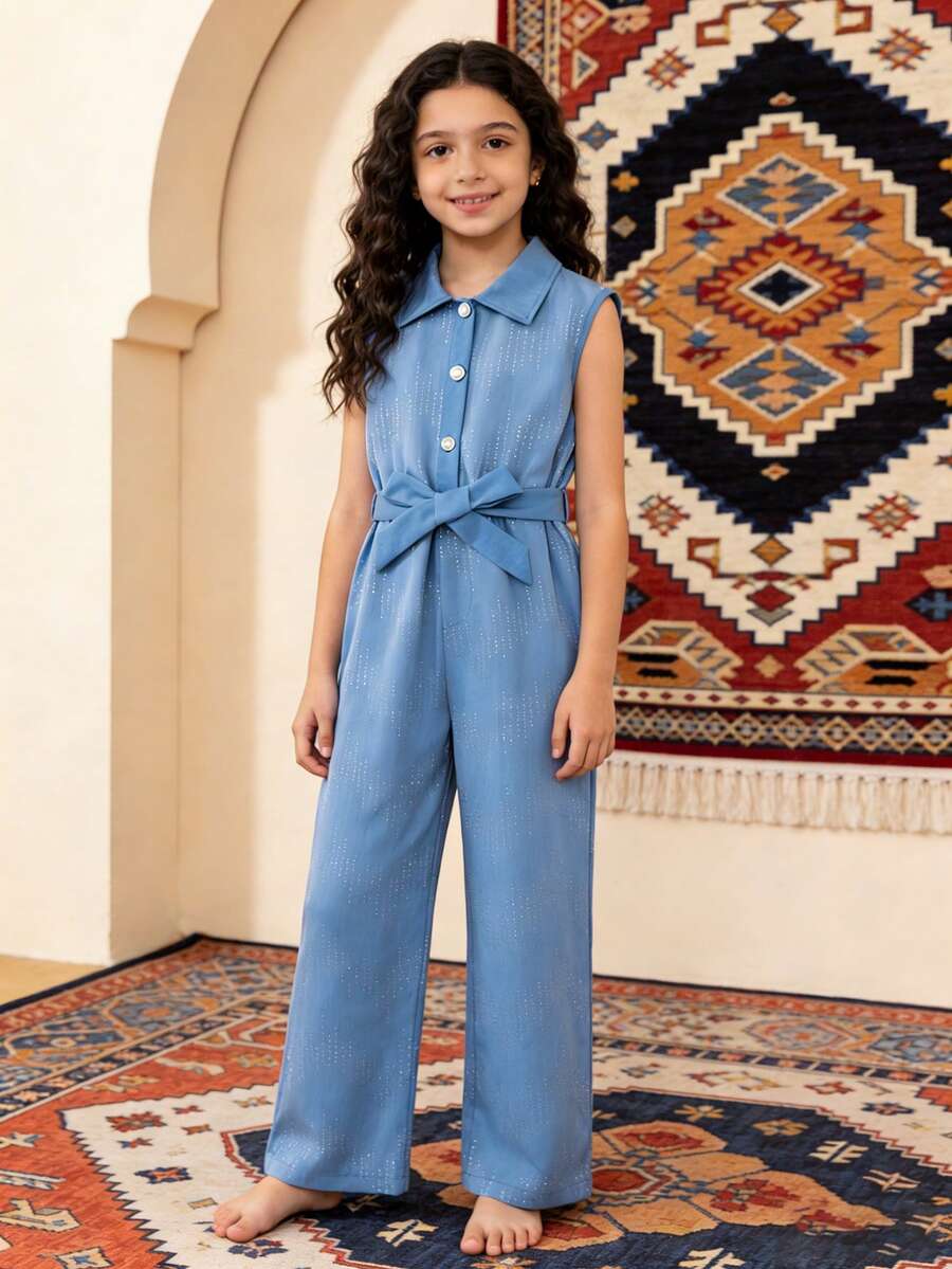 Tween Girl Rhinestone Button Design Sleeveless Casual Jumpsuit - Blue - View 1