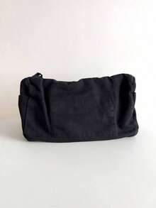 Vintage Minimalist Versatile Flap Shoulder Bag, Thick Washed Canvas Bag, Casual Versatile Large Capacity American Messenger Bag, College Style Japanese University Student Schoolbag, Short Trip Travel Bag, Simple Street Cloth Bag, Black Crossbody Bag , Old Money - 黑色 - 查看 8