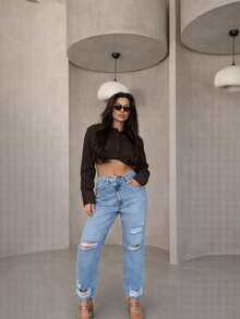 SQUALO 女式蓝色水洗、破洞、做旧效果牛仔裤 街头风格 - 藍色 - 查看 3