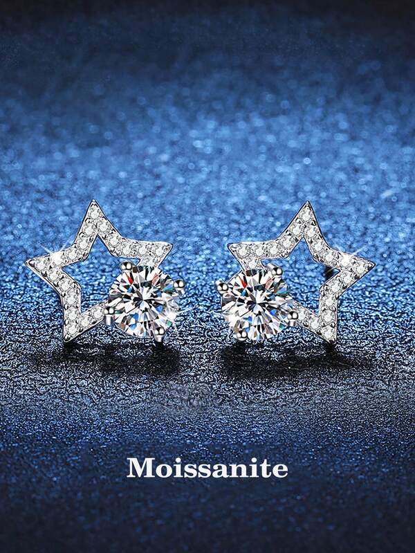 BLOVEMEE 2 piezas Elegantes Pendientes de Estrella con Moissanita de 0.5 Quilates x 2 en Plata de Ley 925, Adecuados para Uso Diario, Fiestas, Vacaciones, Día de San Valentín, Día de la Madre, Navidad, Regalo de Joyería para el Cumpleaños de la Mujer