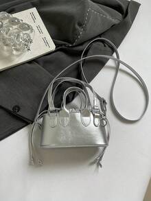 Bolso de mano y bandolera tipo cubo para maquillaje con estampado de cocodrilo miniatura - Plateado - Ver 8