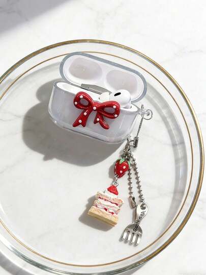 Y2K可爱红色蝴蝶结草莓蛋糕耳机保护套，带叉子吊坠，透明保护壳，适用于