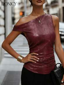 DONICY Women's Burgundy Snake Skin Pattern Ruched Off-Shoulder Blouse, Elegant Outerwear For Spring/Summer - Burgundy - View 5
