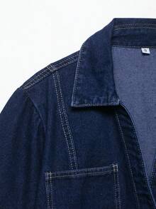 女士短袖单排扣口袋休闲牛仔衬衫，春夏款 - 深色水洗藍 - 查看 3