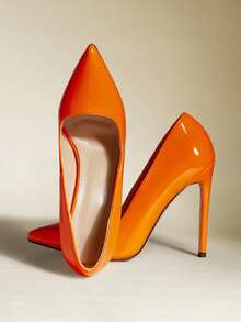 女士尖头细高跟橙色套脚高跟鞋，性感时尚，适合派对装扮 - 橘色 - 查看 6