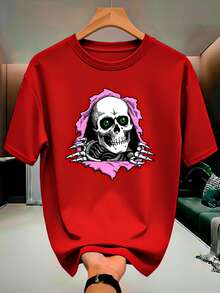 Skull Skeleton Streetwear T-Shirt, 100% Cotton, Men's And Women's Unisex Premium Shirt - 紅色 - 查看 1
