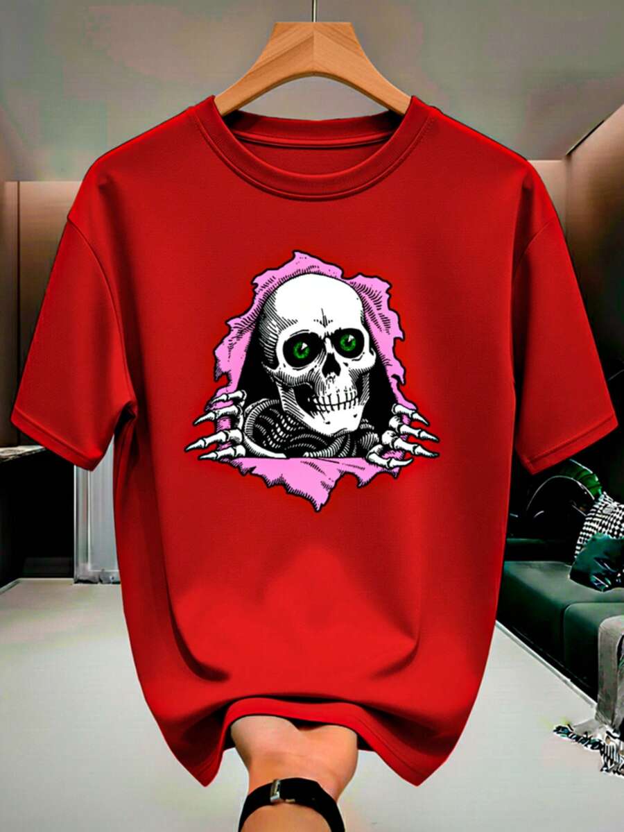 Skull Skeleton Streetwear T-Shirt, 100% Cotton, Men's And Women's Unisex Premium Shirt - 紅色 - 查看 1