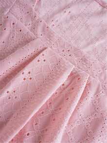 刺绣镂空方领T恤，休闲短袖褶皱前襟上衣，春夏款，女款粉色 - 粉色 - 查看 6