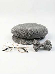 3pcs Newborn Baby Boy Gentleman Striped Beret Hat, Bow Tie And Glasses, Khaki Gray Striped Flat Cap Set, Infant Photography Props, Baby Christening Gift - Multicolor - View 10