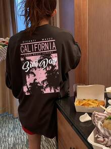 1件装女士休闲宽松度假风印花双面图案圆领T恤，百搭日常穿着，2026春夏款 - 深灰色 - 查看 2