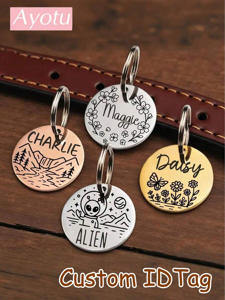 Ayotu 1pc Customizable Stainless Steel Pet ID Tag, Personalized Engraving On Front And Back, Circular Design For Dogs Cats, Dog Collar Tag, Pet Accessories, Pet Lover Birthday Gift - Multicolor - View 1