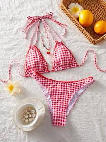 PEPPERMOLLY Red Gingham Halter Bikini Set, Retro Swimsuit With Ruffled Triangle Top & Cheeky Bottoms For Women - Red and White - View 2