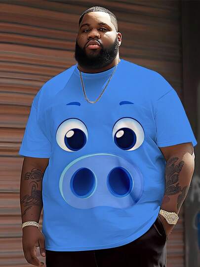 Camiseta casual de cuello redondo para hombres de talla grande, de tela de punto de poliéster cómoda y transpirable, con estampado gráfico de la serie de dibujos animados "Expresión de cerdo linda", diseño fresco de ropa urbana, top novedoso
