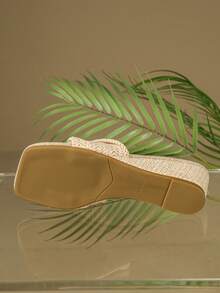 女士复古编织厚底露趾单带凉拖鞋，休闲度假沙滩高跟拖鞋，夏季 - 米色 - 查看 11