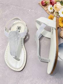 1 Pair Fashion Children's Flip-Flop Sandals, Girls' Silver Flat Sandals, Kids' Slip-On Sandals, Suitable For Summer Casual, Beach Travel, Elementary School Students, Classic Student Shoes, Daily Wear Sandals - White - View 7