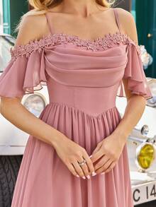 女士正式雪纺连衣裙，细肩带，露背设计，优雅高开衩 - 粉色 - 查看 2