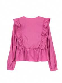 ii Casual Solid Color Lace Patchwork Ruffle Trim Long Sleeve Blouse Spring - Hot Pink - View 6