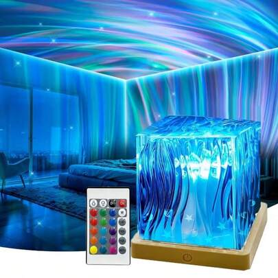 USB Powered Ambient Lighting Lamp With Touch Switch And Remote Control, 16 Color Wave Projection And Rotating Flame Water Ripple Effects - Dimmable, Suitable For Bathroom, Bedroom And Living Room Decor - Modern Fantasy Style