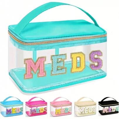 Stylish Black Chenille Letter Patch MEDS Bag - Transparent Travel Medicine Organizer Bag With Handle, Waterproof Nylon Portable Medicine And Toiletries Storage Bag, Suitable For Patients And Nurses.