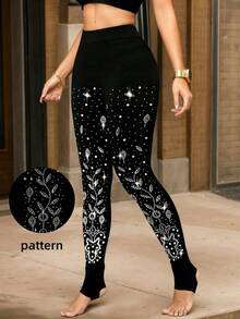 1件装女士闪亮水钻奢华落叶图案踩脚裤，休闲健身服饰 - 黑色 - 查看 6