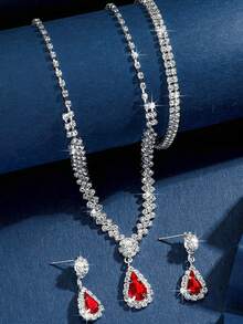 1 Set Women's Teardrop Rhinestone Necklace And Earrings Jewelry Set, Bridal Wedding Party Accessories - Multicolor - View 9