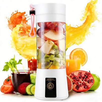 White Ultra-Portable Compact Cordless USB Rechargeable Personal Blender - 380ml Capacity, 15000RPM High-Speed Motor With 6 Powerful Blades For Silky Smoothies & Shakes - Ideal For On-The-Go Picnics, Gym Sessions, And Outdoor Adventures