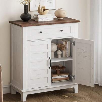 Armario Buffet con Estante Ajustable de 3 Niveles, Armario de Almacenamiento de Cocina con un cajón Grande para Comedor, baño, Entrada, Blanco y marrón