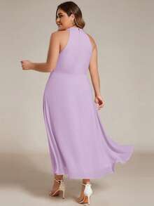 Elegant Chiffon Sleeveless Halter Asymmetric Hem Evening Dress, Lavender Bridesmaid Dress For Wedding Guest - Mauve Purple - View 2