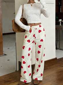 LOVE JOYY Women's Drawstring Pocket Straight Leg Pants, Cute Casual Style, Red Heart Pattern, Suitable For Spring/Summer, Valentine's Day, Daily Wear, White - White - View 4