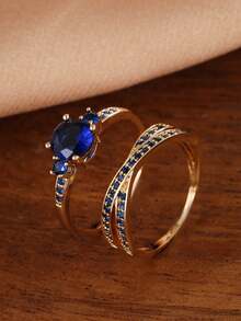 2pcs Women's Versatile Zirconia Stone Rings, Minimalist For Daily Wear - Gold-blue - View 10