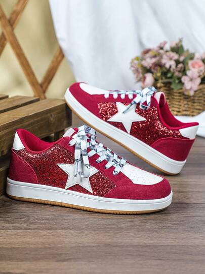 Red Shoes With PU Leather And Shiny Sequin Decor, Suitable For New Year Celebration, Wedding Ceremony, Unisex Size, Valentine's Day Gift, Star Decoration Details, Fashionable Casual Sneakers