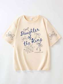Áo thun cỡ lớn in hình "Con gái của nhà vua", trang phục tôn giáo mang tính thẩm mỹ Kinh thánh dành cho phụ nữ, áo thun cổ tròn tay ngắn kiểu dáng thường ngày với chữ in ở mặt sau, thích hợp cho mùa hè. - Màu be - Xem 3