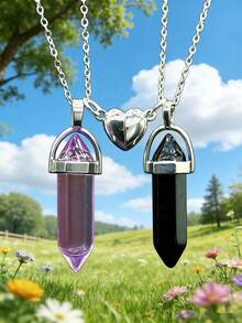 Set de 2 collares con colgante de piedra de cristal de corazón magnético con forma de yin yang de colores múltiples, regalo para parejas/mejores amigos, adecuado para uso diario de mujeres - Multicolor - Ver 3