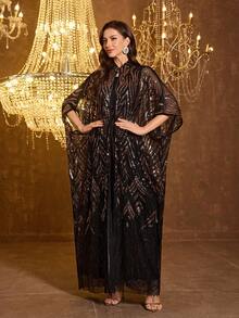 SUPGIR [Random Print] Women's Long Sleeve Sequin Patchwork Waist Tie Evening Dress - Black - View 7